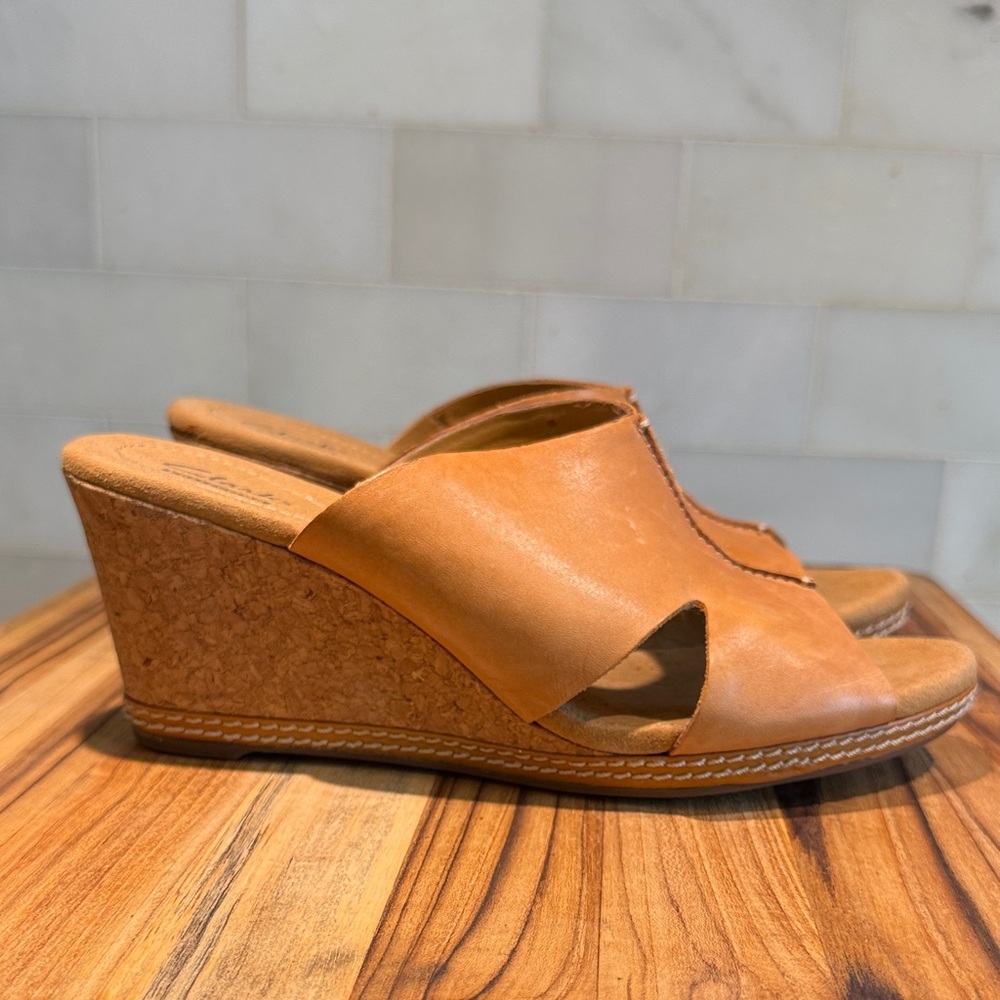 Clarks Tan Leather Cork Wedge Sandals